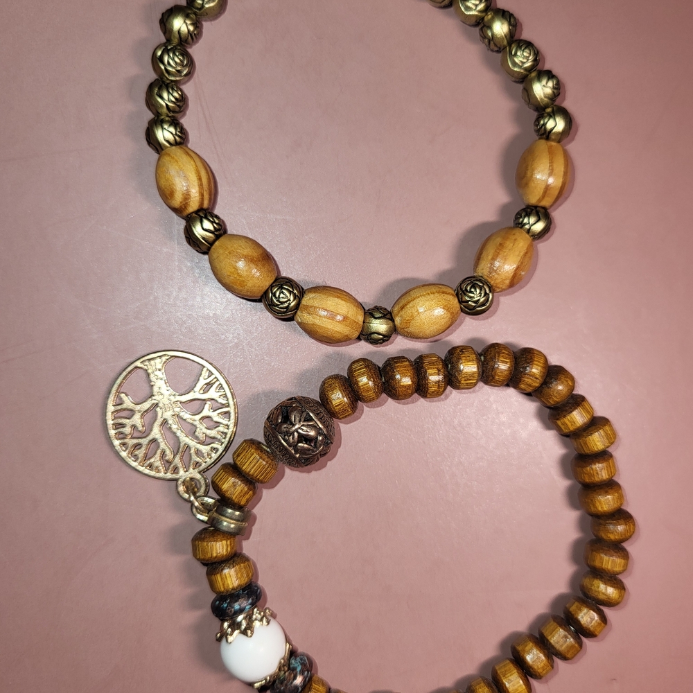 Set Natural Wood Bead Bracelet Set with Tree Charm